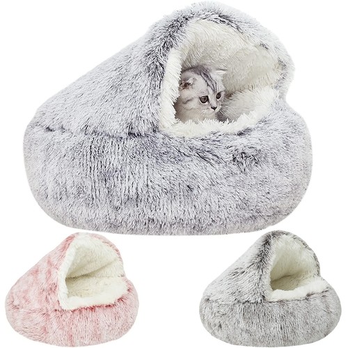 Dog Cat Bed Hooded Kitten Pet Cosy Cave Soft Calming Igloo Cozy Plush Faux Fur