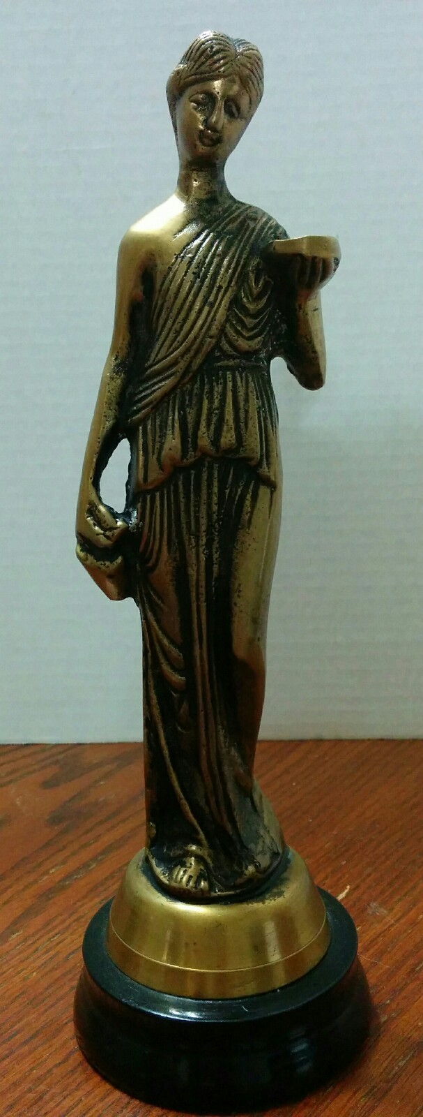 Pair of Vintage Brass Classic Greek Statue Figurines Ladies Wood Base