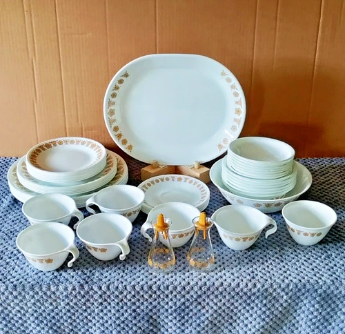 53 Piece Corelle Butterfly Gold Dinnerware Vintage Set For 6 + Extras