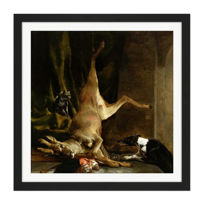 Weenix Dog And Cat Near Disembowelled Deer Square Framed Wall Art 16X16 In