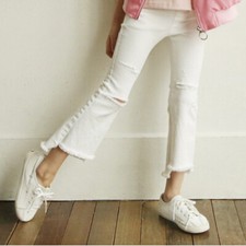Girls Kids Ripped Flare Jeans Elastic Waist Raw Hem Bell Bottom Denim Pants
