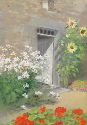 Antique French Pastel Painting, Summer, House, Sunflowers Daisies, Red Geraniums