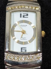 Omax Crystal Accent Silver Tone Rectangle Case two Tone Band Watch 7.5 Inch