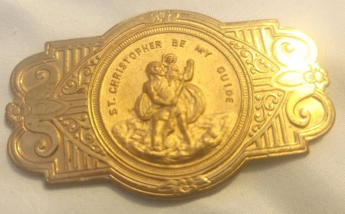 Vintage Saint Christopher Protect Us Creed Car Visor Clip Pin Brass - Picture 6 of 9