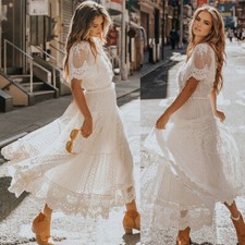 Women's Boho Maxi Lace V Neck Short Sleeve Dress Summer Party Beach Sundress