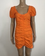 GANNI Ruched Cotton Puff Shoulder Mini Dress Orange Size XS