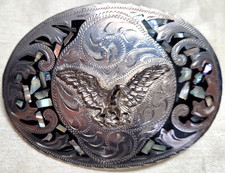 Vintage Alpaca Mexico Eagle Abalone Shell Mother Pearl Inlay Belt Buckle