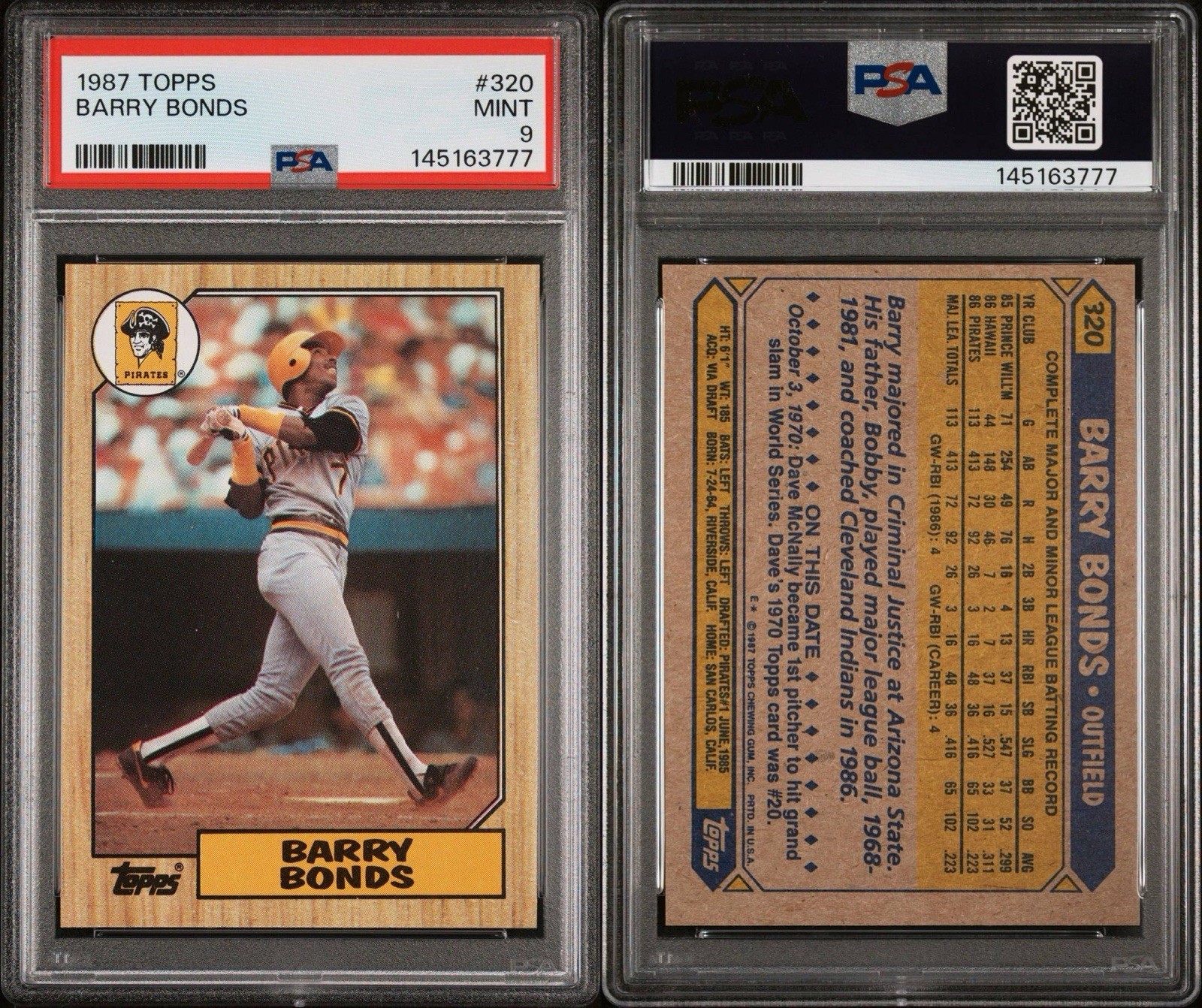 1987 Topps Barry Bonds RC #320 PSA 9 MINT Pittsburgh Pirates  view 3