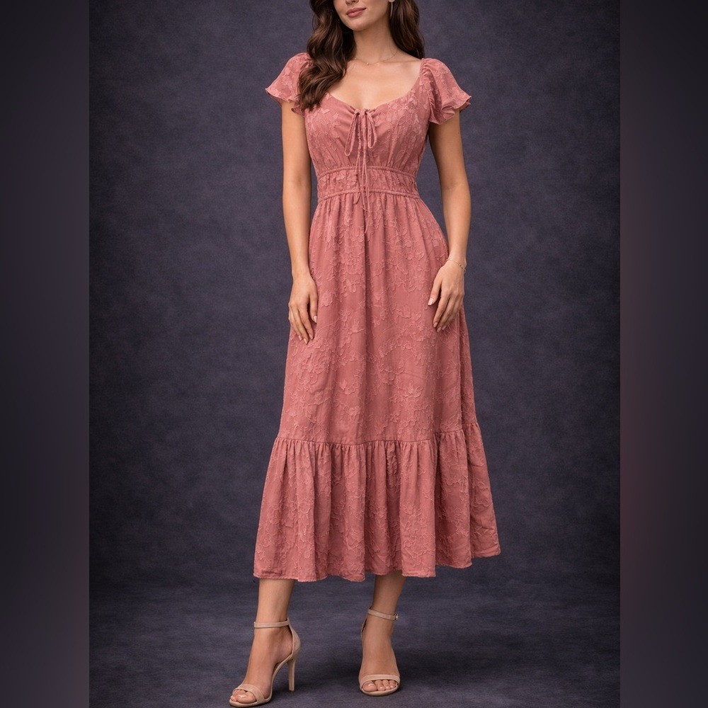Dusty Rose Textured Flutter Sleeve Midi Dress