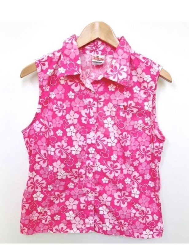 Disney Aloha Mickey Hawaiian Sleeveless Button Shirt Size L Pink White Cotton