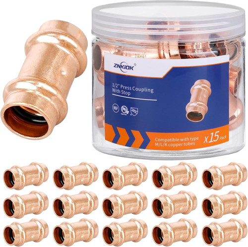 ( 15 Pack)1/2" Press Copper Fittings Zero Lead,1/2 Inch Press Coupling with Stop