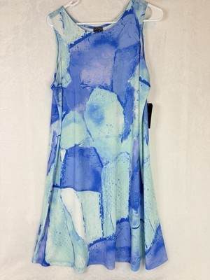 Clara SunWoo Blue Water Splash Abstract Swing Dress L Sleeveless Stretch Travel