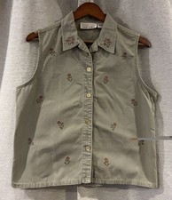Vintage Casey  Max Vest Women's M Green Denim Floral Embroidered Cottagecore