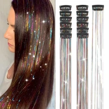 Hair Tinsel 12Pcs Clip in Rainbow Hair Accessories 20.5 Inch Fairy Hair Tinse...