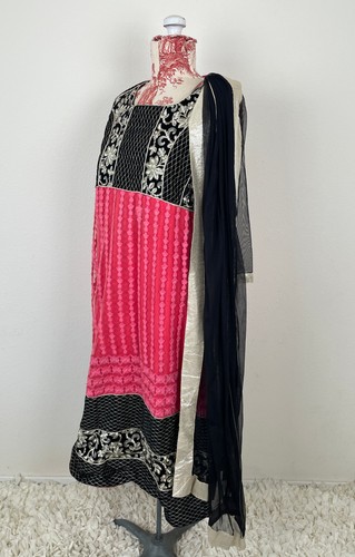 Pink Black SILVER EMBROIDERED SARI DRESS India Rytras Anarkali Festival Hippie - Picture 2 of 23