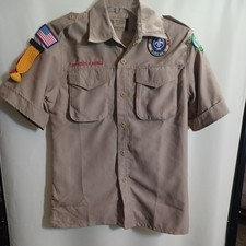 Boy Scouts of America BSA Youth Shirt Tan Large Sewn Patches Short Sleeve  CS8 