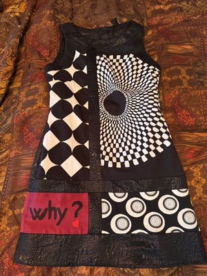 Signed~DESIGUAL~Christian Lacroix Black/White/Wine WHY? Dress 38/M Metallic Trim