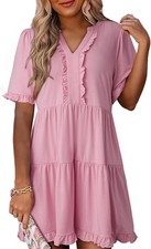 Womens Summer Mini Dress V Neck Short Sleeve Casual A Line Flowy Swing Dress