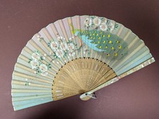 Vintage Hand Painted Linen and Wood Fan Peacock and Blossom