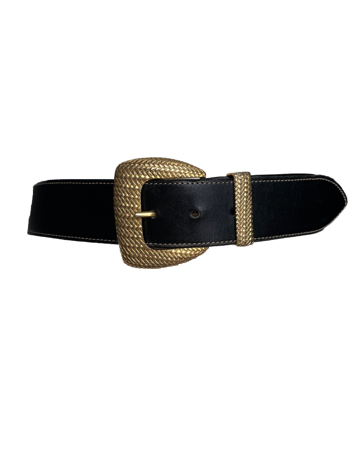 Escada Black Leather Belt Gold Woven Buckle Made in Italy Women’s Size 35”