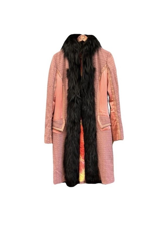Vintage Runway Rare Y2K  Roberto Cavalli Pink Tweed Fur Coat Women’s Used
