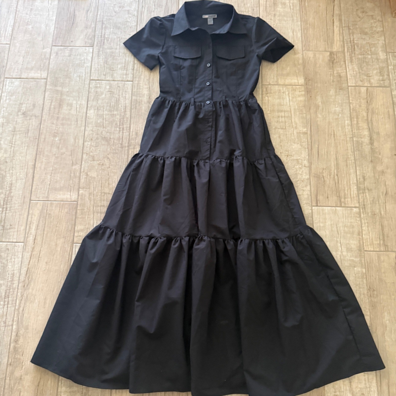 Love X Design Black Tiered Shirt Maxi Dress Short Sleeve Button Front XS