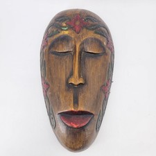 Hand Carved Wood Mask Hand Painted Floral Face Boho Tiki Wall Decor Vintage 14"
