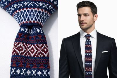 Fair Isle Herren Strickkrawatte schmal marineblau weiß rot schmal Designer Handarbeit UK