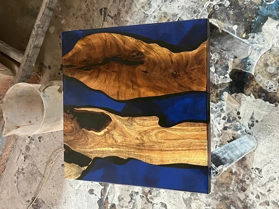 Square Shape Blue Epoxy Resin Wood Dining Center Table Top Home Deco Furniture - Image 2 of 4