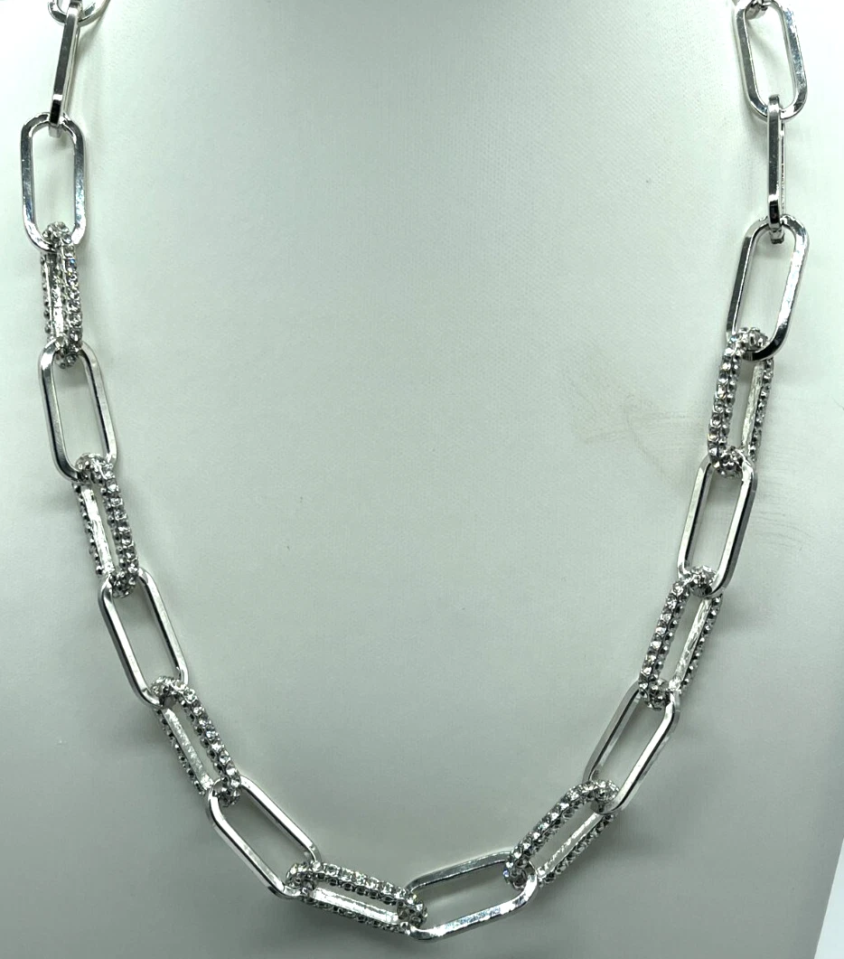 VETEMENTS Collana Fermacarte Tono Argento Catena Alternata 2 Lati Cristallo Migliorato Clip