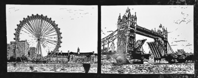Original A4 Cartridge Paper Sketch Drawing Tower Bridge London Eye No Frame UK