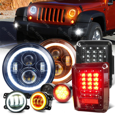 Combo 7'' LED Halo Headlights Tail Lights Turn Fog Lamps for Jeep Wrangler JK JKU
