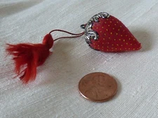 Victorian Sewing Pin Needle Cushion Strawberry Emery Silver Top Red Tassle