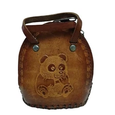 Brown Leather Mini Coin Purse Keychain Rose Panda Design Zipper Closure  #M16