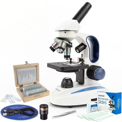 AmScope M158 Compound 40X-1000X LED Microscope Value Bundle w 1MP Camera+Extras