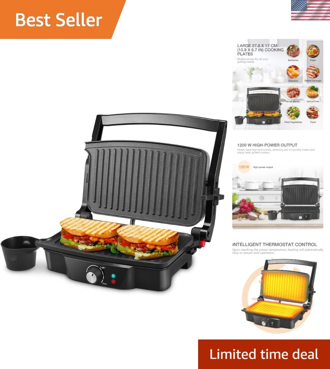 Indoor 4-Slice Non-Stick Panini Maker with Dual Cooking Plates and Grease Outlet