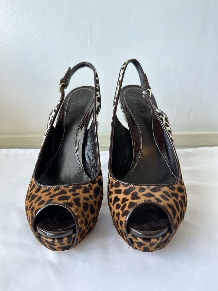 Gucci София платформе икры волос леопард печать с открытым носком слинга насосы размер 38 - Изображение 2 из 4