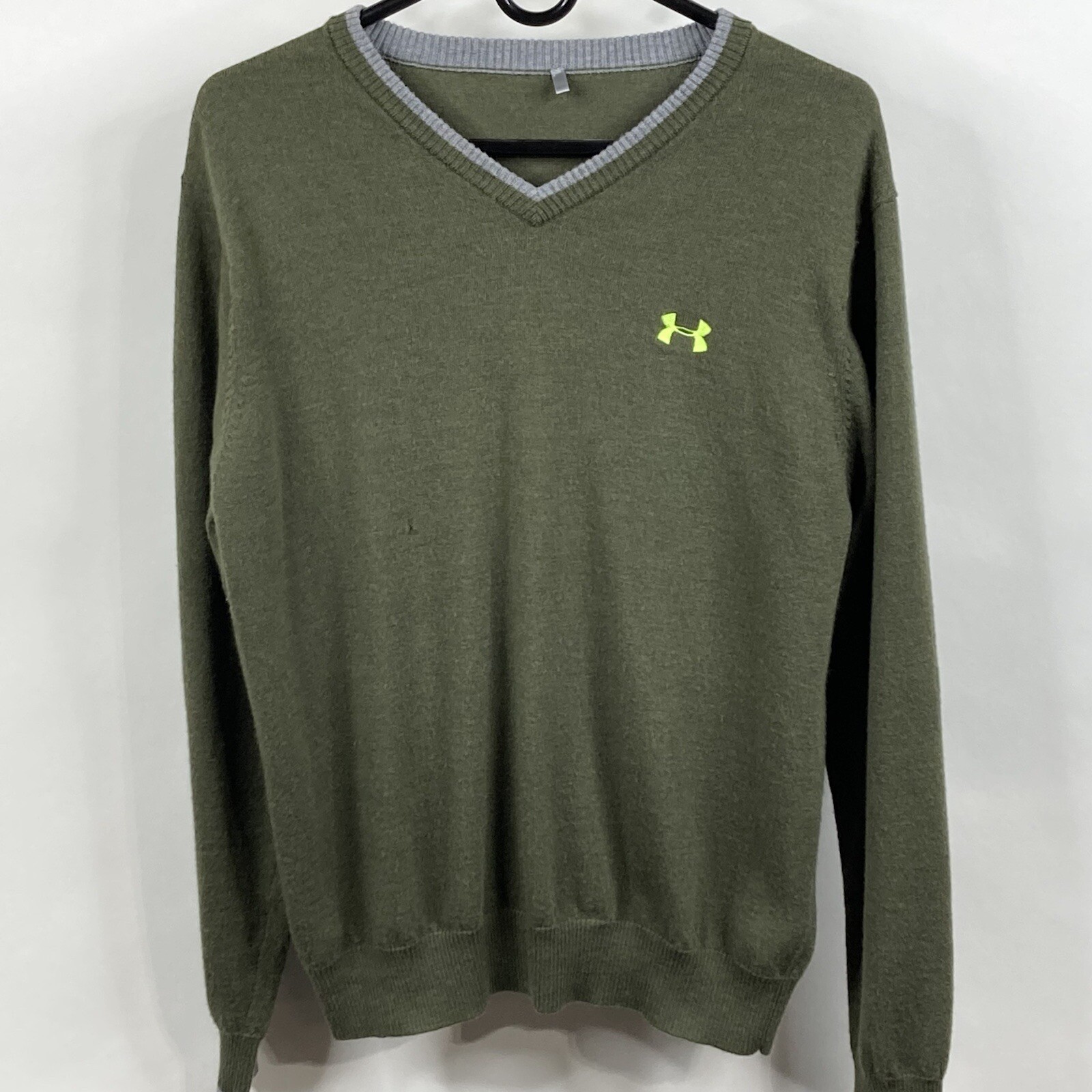 Merino Wool V Neck Green Sweater Long 