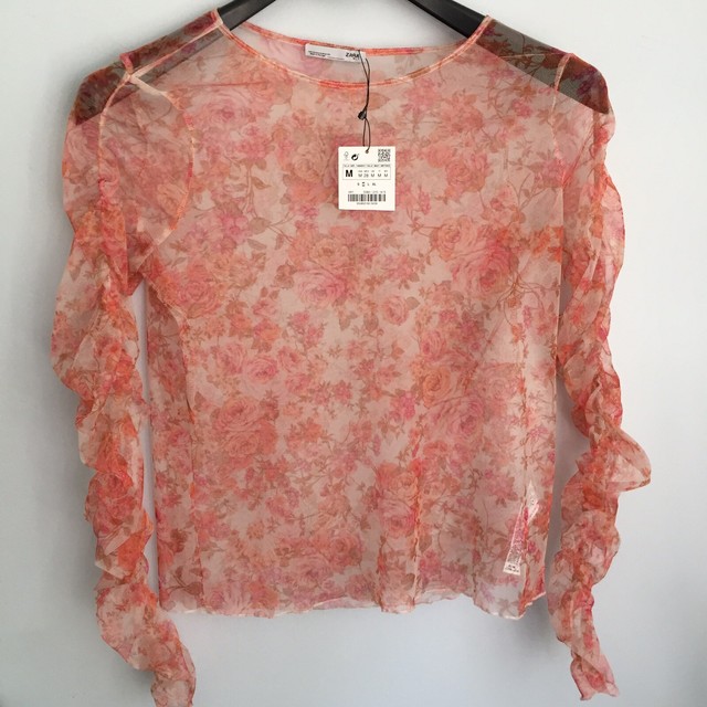 NEW ZARA Floral Sheer Mesh Top Size M See Through Long Ruched Sleeve
