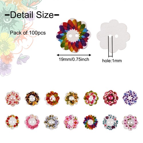 100pz Bottoni in legno fiore 2 fori colori misti stampati decorativi 19x3mm - Foto 3 di 5