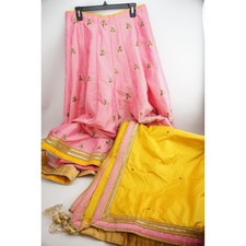 Handmade Indian Wedding Lehenga Dupatta Set Pink Yellow Embroidered Tassel Good