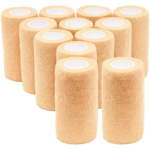 12 Rolls Self Adherent Bandage Wraps, 4 Inch x 5 Yards Cohesive Vet Tape, Tan