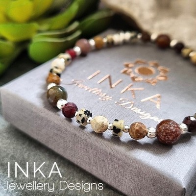925 Sterling Silber Achat, Turmalin & Jaspis Stretch Boho Armband von INKA