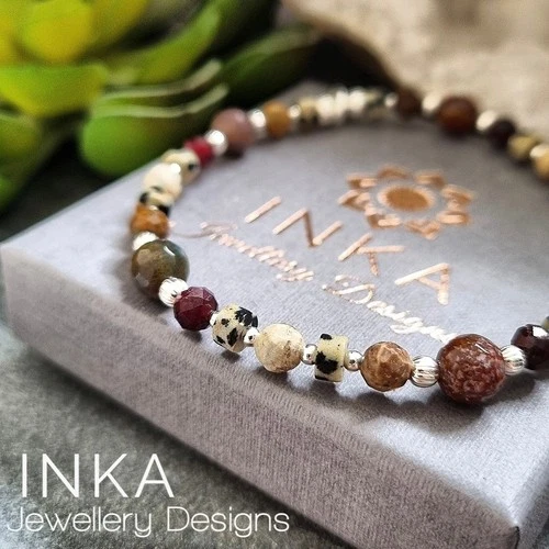 925 Sterling Silver Agate, Tourmaline & Jasper  Stretch Boho Bracelet by INKA