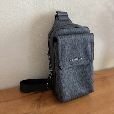 Michael Kors Men's Logo Small Crossbody Sling Bag Gray/Black Zip