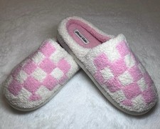 Moon Cake Slip-On Pink White Check Faux Fur Women's Slippers Size 11/12