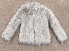 908 NWT Abercrombie Kid's Shaggy Faux Fur Open Front Girl's L/G Gray Jacket