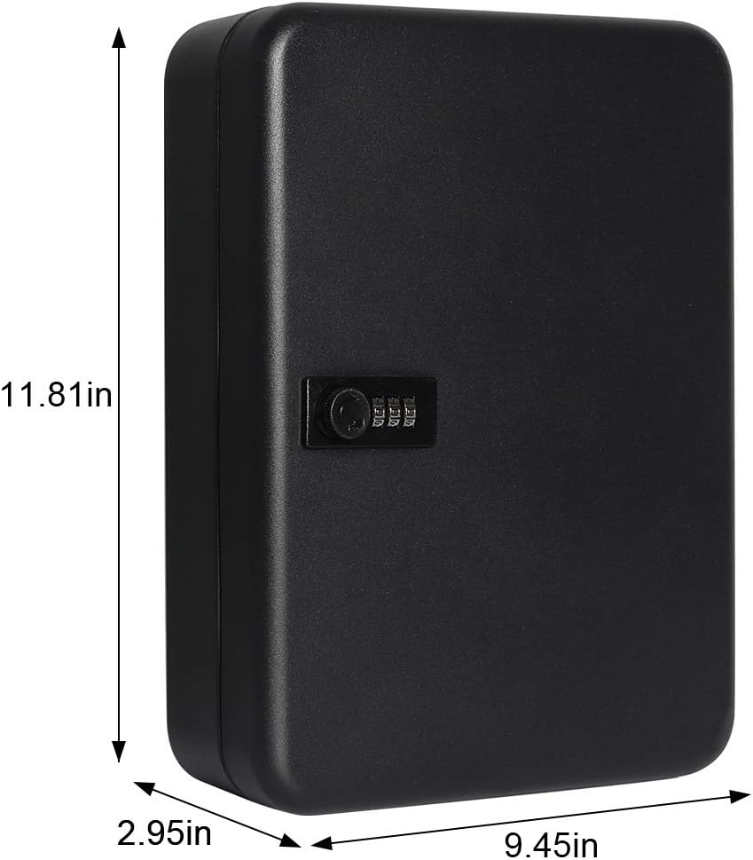 Black metal wall mount key storage box with two front dials and one side handle, 48 inches tall by 9.45in wide.