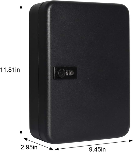 Black metal wall mount key storage box with two front dials and one side handle, 48 inches tall by 9.45in wide.