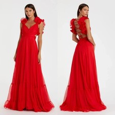 NWT Mac Duggal 67911 Red Ruffle Tiered Cut-Out Chiffon Gown Size 4